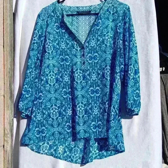 Womens L tunic boho cottage core hippie sheer blue white geo print blouse - Picture 1 of 7